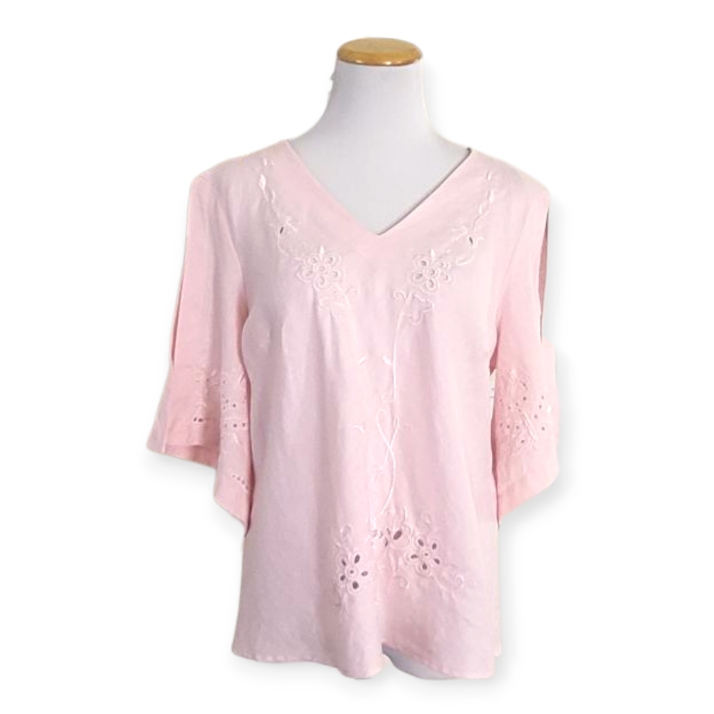 EDWARD Powder Pink Irish Linen Embroidered V-neck Top With Split Sleeves